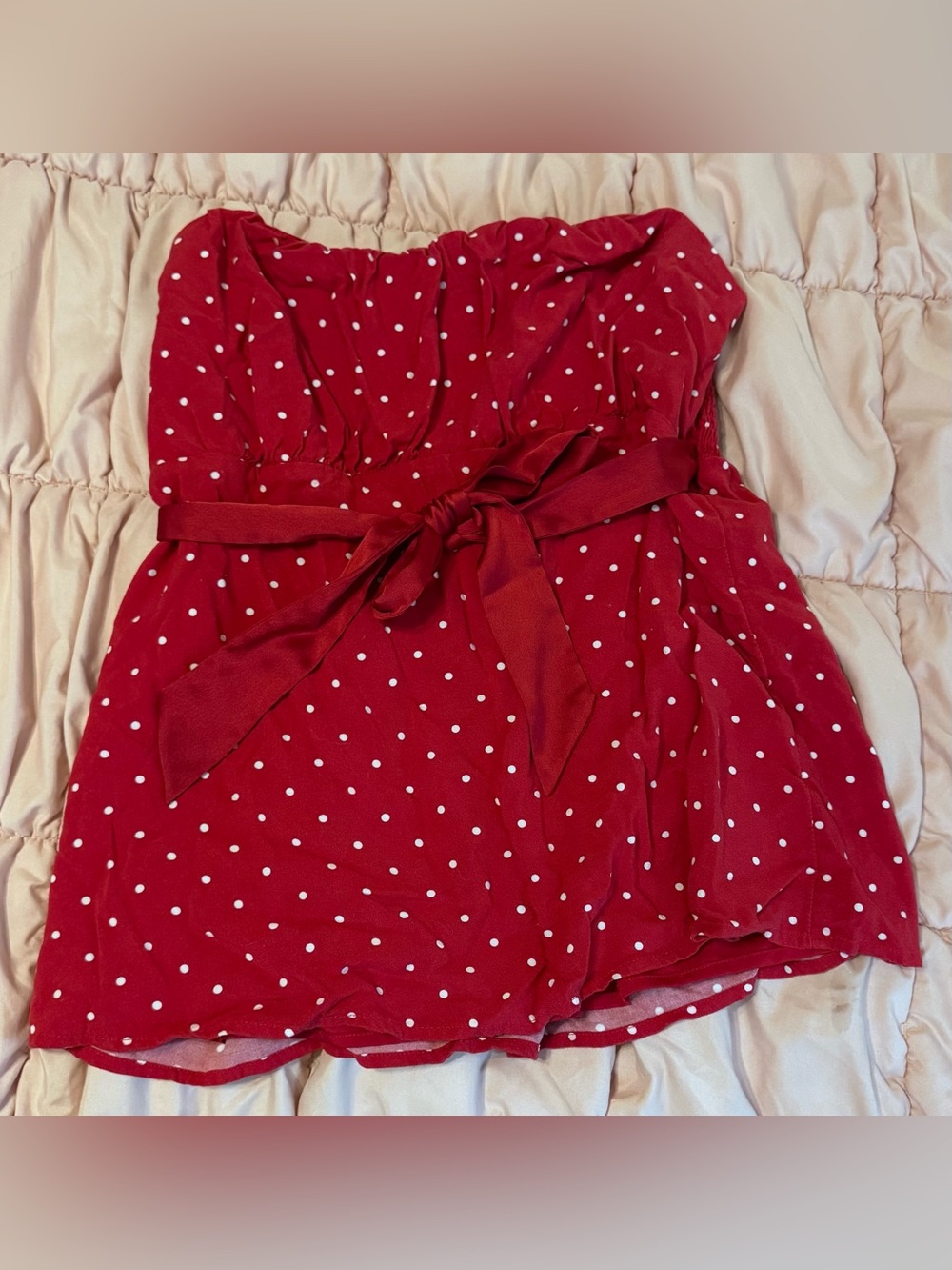 Hollister Red white polka dot strapless tank top with sash bow size L large